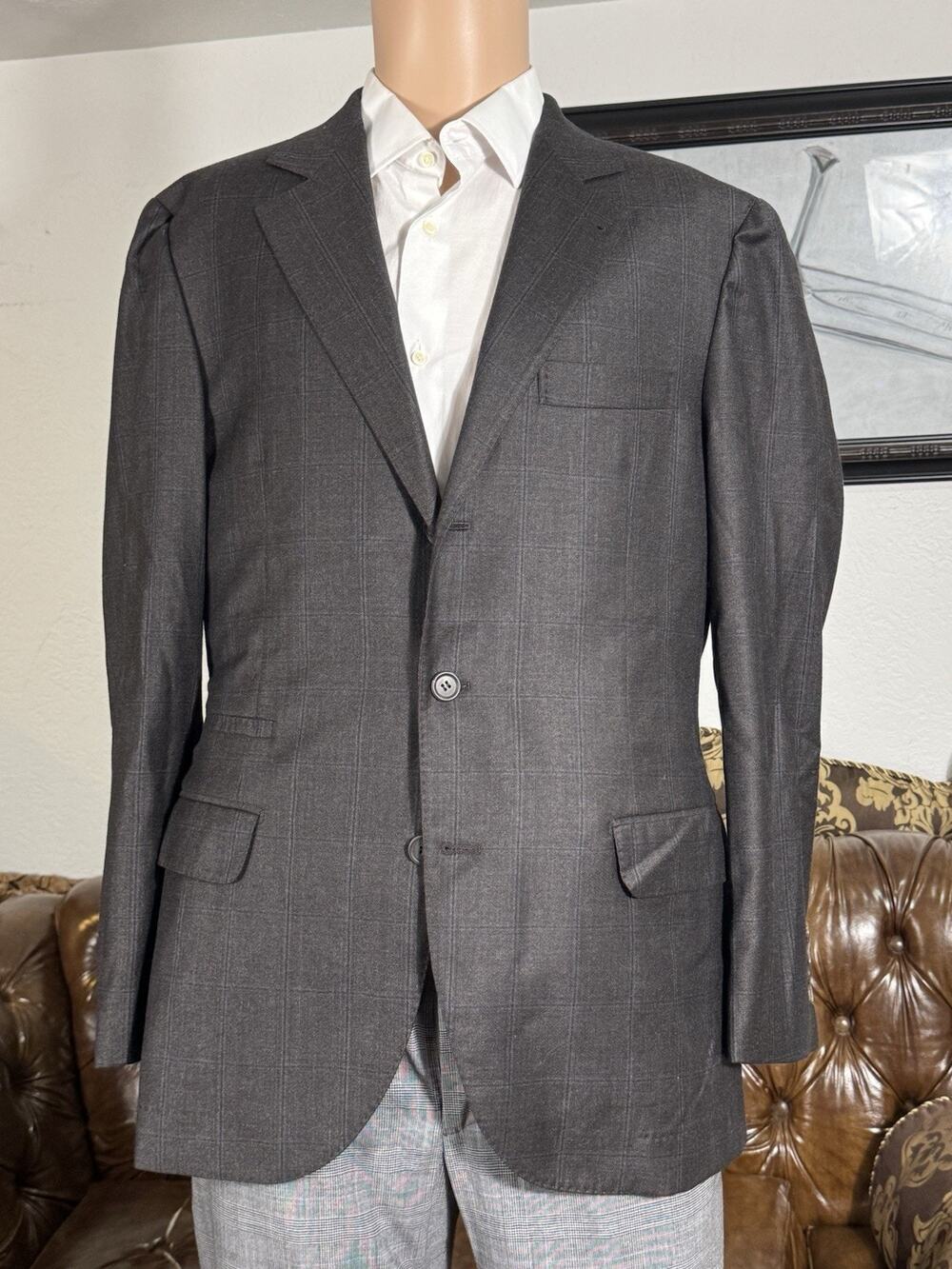 Brunello Cucinelli Virgin Wool Brown Blue Plaid Sportcoat Jacket Men’s 50/40